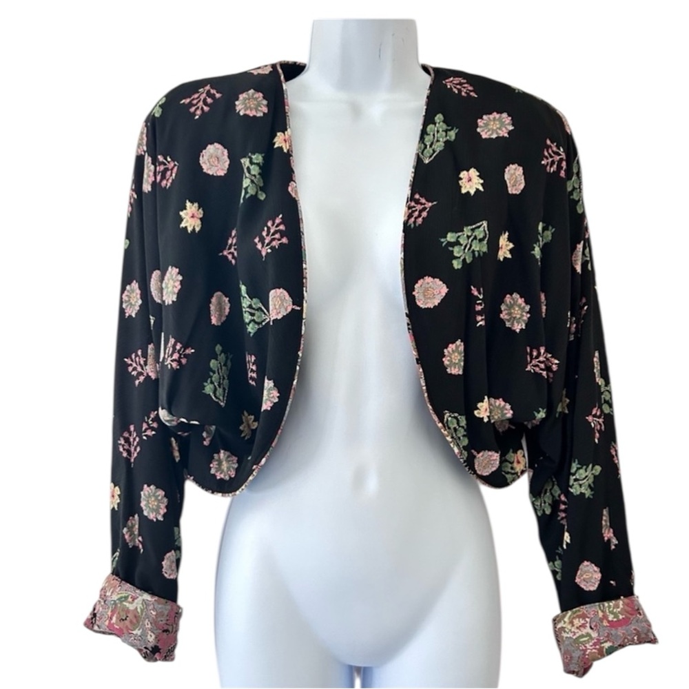 Platinum by Dorothy Schoelen Vtg Black Floral Boho Open Crop Jacket M
